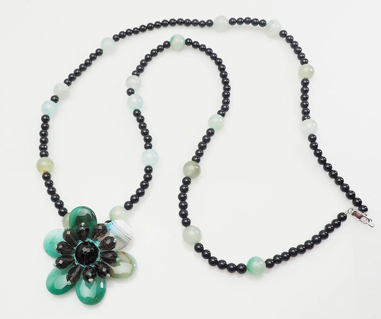 Gorgeous Long Sterling Silver Natural Black Green Gemstone Flower Necklace Ail