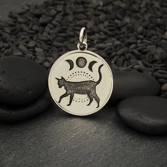 sterling Silver Black Cat Pendant Necklace 925 Charm Triple Moon Phases