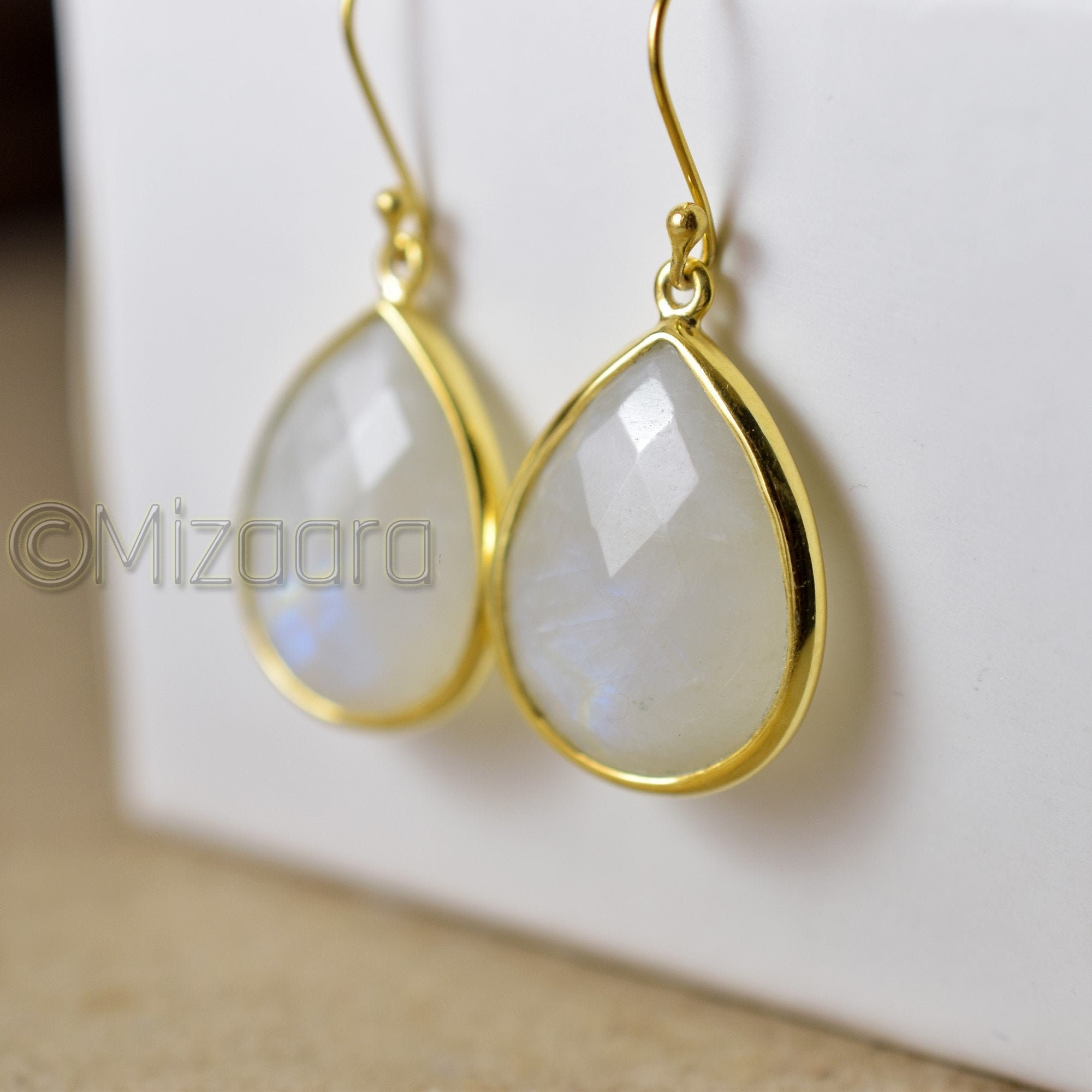 Rainbow Moonstone Earring Gold Sterling Silver Checker Moonstone Dangle Drop Women's Gift For Her Hanging