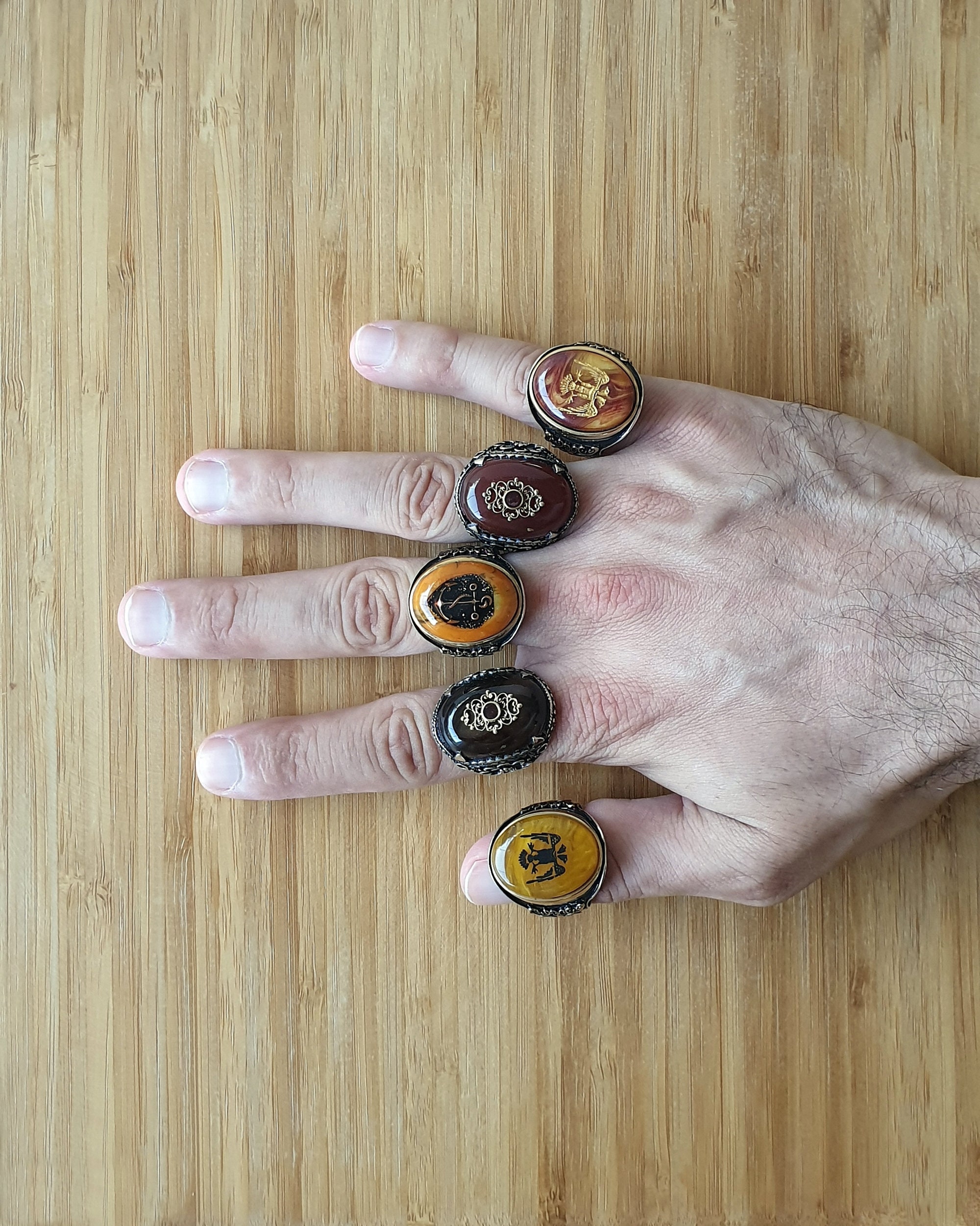 Amber Ring, Eagle Animal Anchor Agate Tiger Eye, 925 Sterling, Silver, Bronze, Gemstone, Birthday, Rings, Jewelry