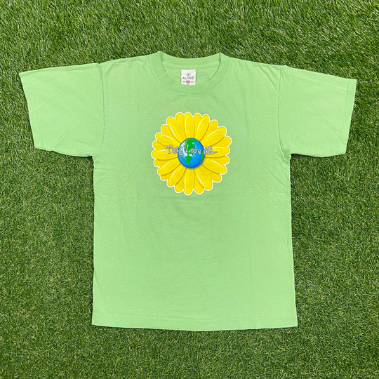 Vintage They Love Me Not Earth Daisy T Shirt Tee Alore Made USA Size Medium M Day Green Save The Planet Animals Tree Hugger