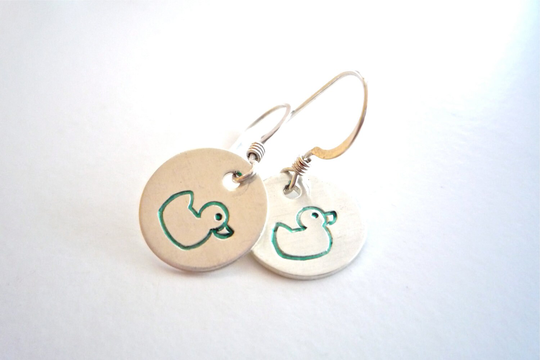 Hand Stamped Duck Earrings, Sterling Silver Small University Of Oregon, U O Jewelry, Sports Jewelry
