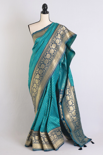 Blended Silk Banarasi Saree in Rama Green & Dark Blue| Bengal Looms