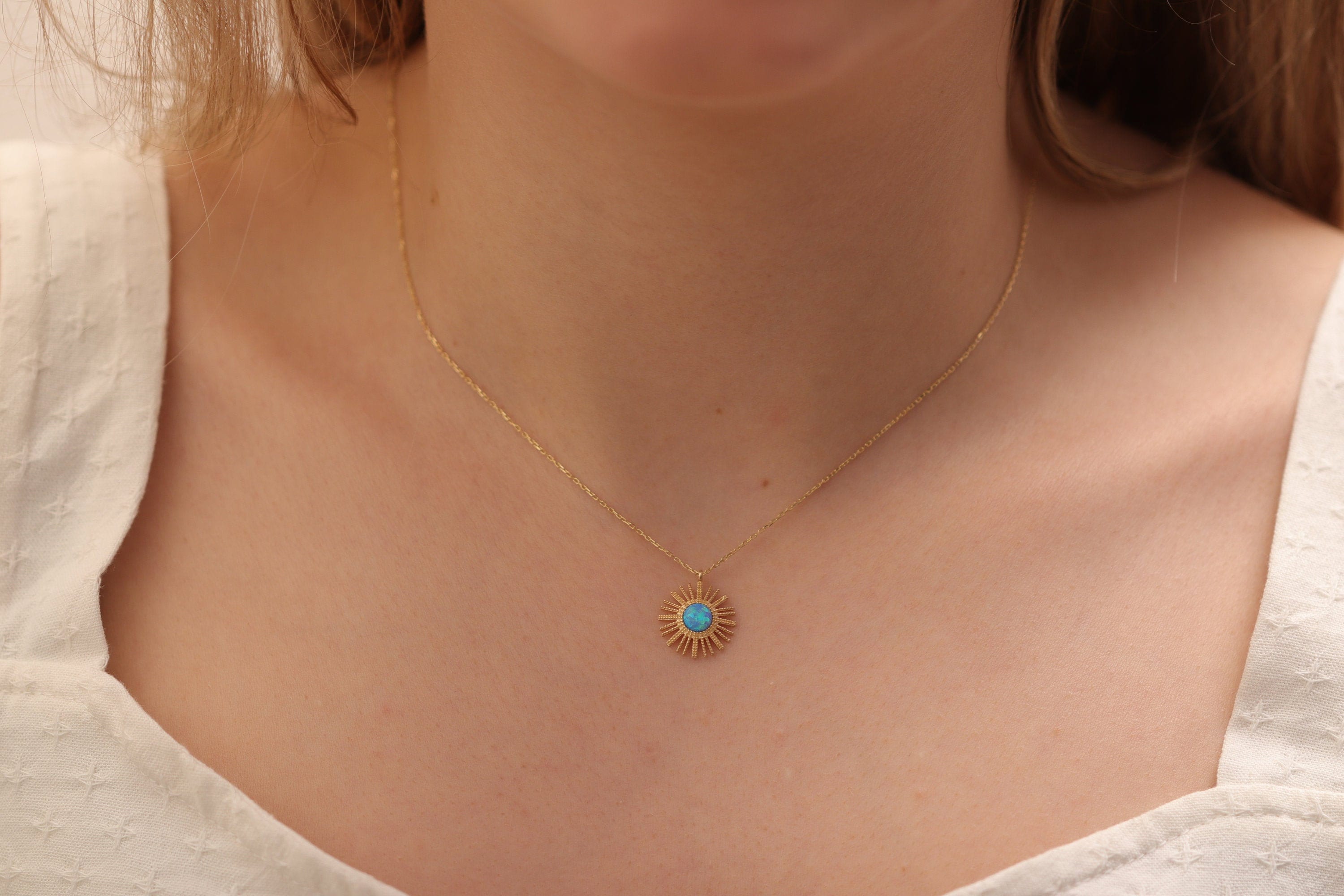14K 18K Gold Opal Sun Or Pineapple Necklace/Handmade Available in Gold, Rose & White