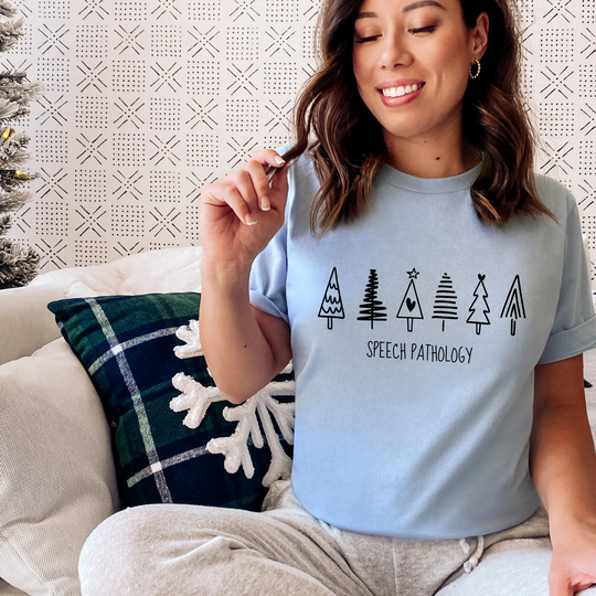 Speech Pathology Christmas Trees Short Sleeve T-Shirt | Slp Shirt Therapy Winter School Gift