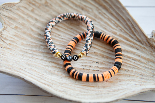 Halloween Bracelet Duo | 8mm Stretch Bracelets Pair Of Orange & Black Boo Limited Edition Clay Disc Jewelry