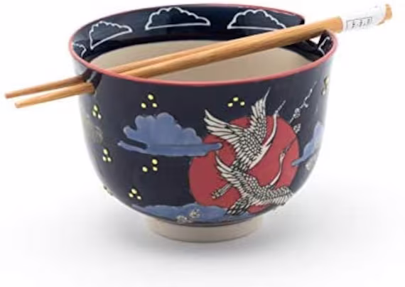 Japanese Crane Design Quality Ramen Udon Noodle Bowl With Chopsticks Gift Set 5 Inch Diameter 16 Fl Oz