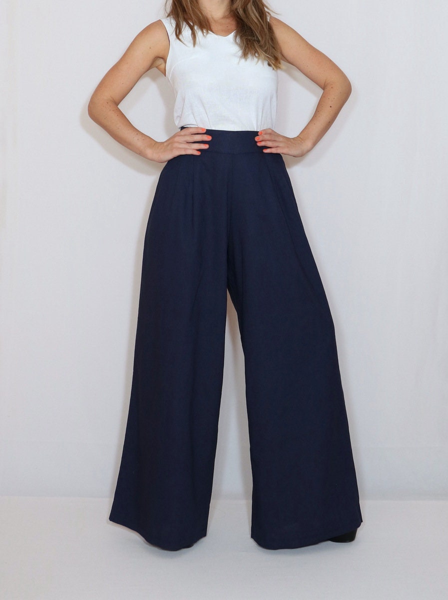 Navy Blue Linen Wide Leg Pants, Trousers, Clothing
