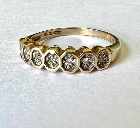 Vintage 9K Bicolor Half Eternity Ring With Diamonds, Size 7