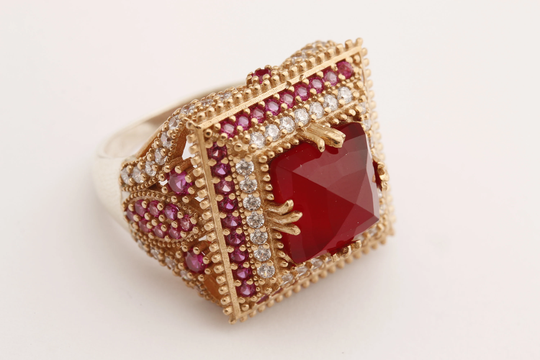 Turkish Handmade Jewelry Square Shape Ruby & Round Cut Topaz 925 Sterling Silver Ring Size Option