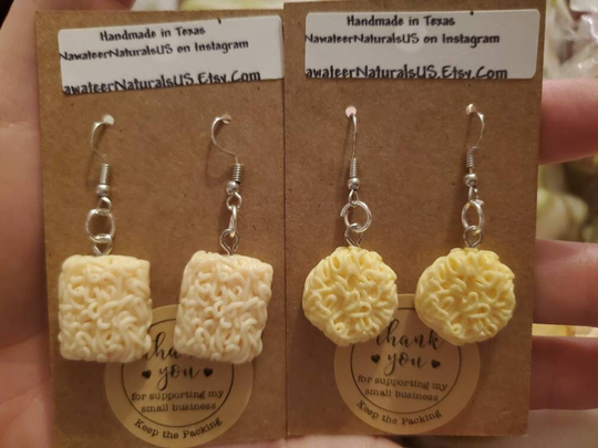 2 Styles Round Or Square Ramen Noodle Earrings. Hypoallergenic Hook Earrings Clip Ons
