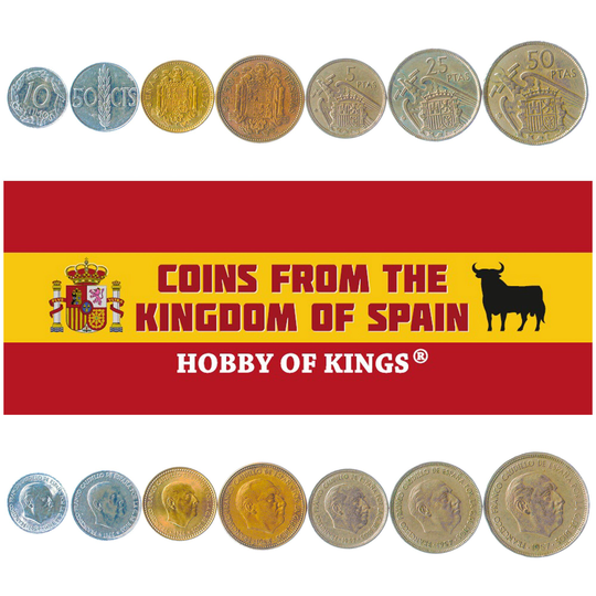 7 Coins From Spain. Money Set 10, 50 Centimos, 1, 2.5, 5, 25, Pesetas. Old Collectible Spanish Currency. 1946-1966