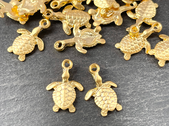 2 Turtle Pendant Charms 24K Matte Gold Plated Turkish Jewellery Design Beading Supply Mdla0952A