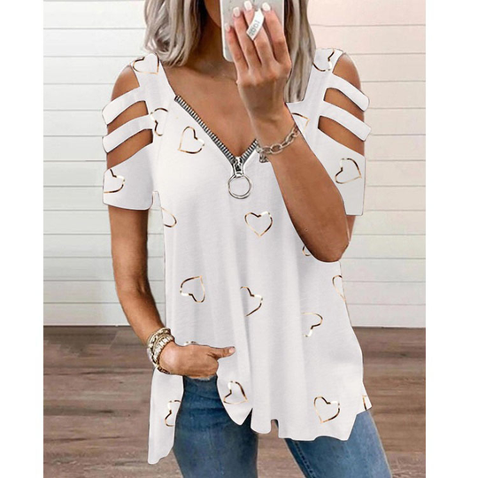 Casual Loosen V Neck Cotton Blend Geometric T-shirt - White, XL