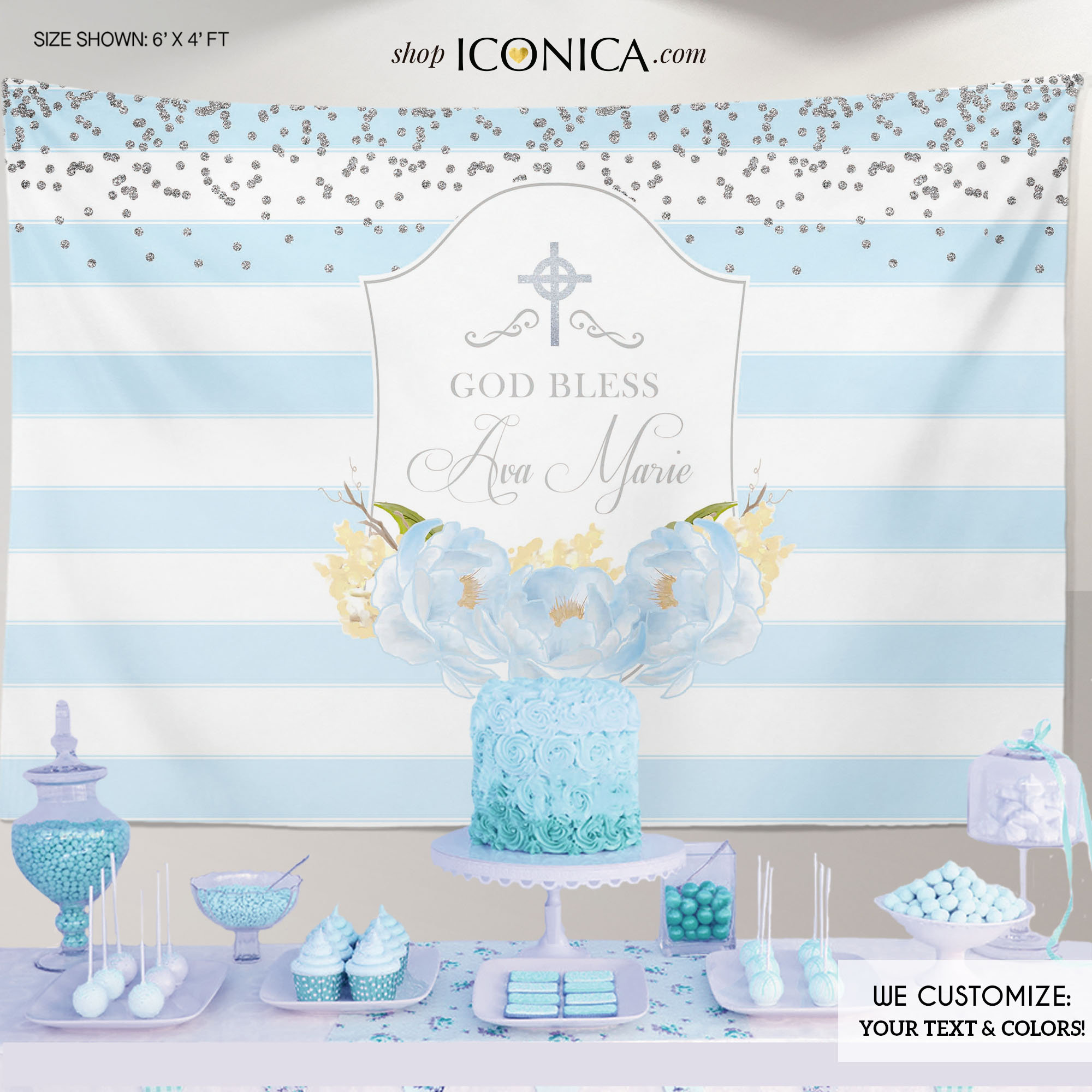 First Communion Banner, Baptism Party Backdrop, Striped Floral Baptism Backdrop, Blue Peonies, Printed Or Printable File Bar0002