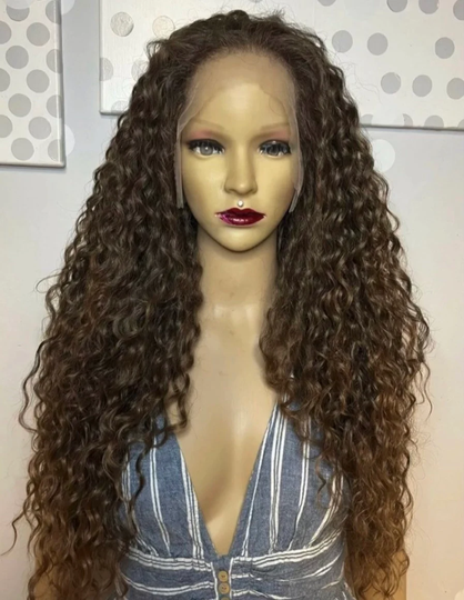 Long Curly Brown To Light Brown Human Hair Blend Front Lace 13x6 Part Daily Wig