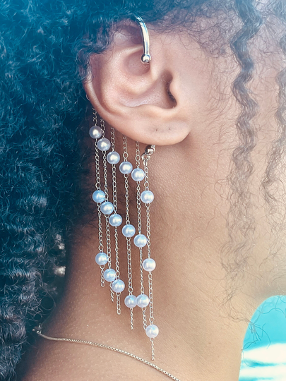 Dainty Pearl Drop Ear Wrap, Short Gold Or Silver Dangle Cuff, No Piercing