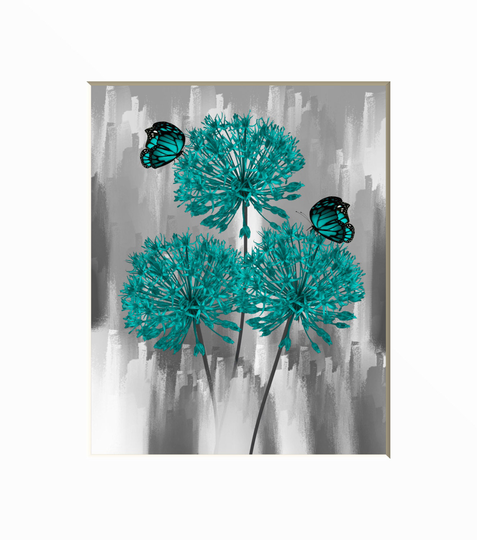 Teal Gray Floral Butterflies Modern Home Decor Wall Art Bedroom, Office, Bathroom Matted Picture