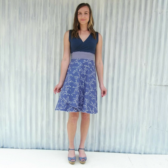 Mid Length Wrap Dress // Custom Made From Organic Cotton Bird Print Navy, Frost & Blue Bunting
