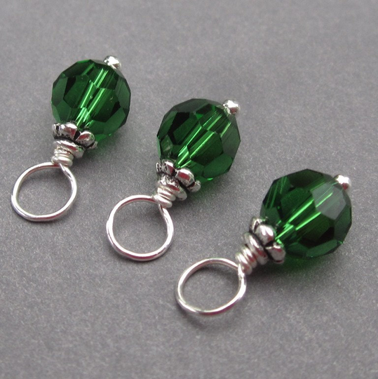 Sterling Silver Dark Moss Green Crystal Necklace Charms, Bracelet Stitch Markers, Diy Jewelry, Interchangeable Earring
