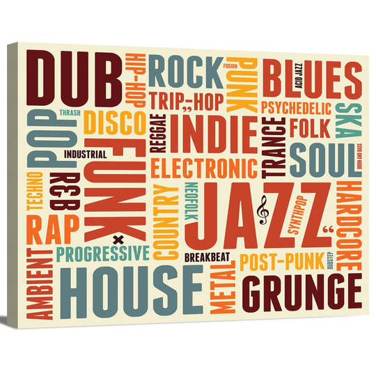 Modern Music Typography Vintage Retro Poster Genre Jazz House Indie Wrapped Canvas Print Wall Art Home Decor Office Room