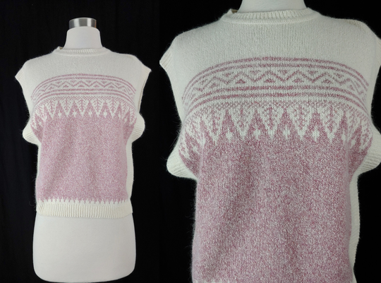 Vintage 80S Medium Silk Angora Blend Sleeveless Sweater - Eighties White Pink
