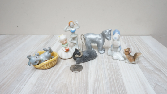 8 Mini Statuette, Bunny Rabbit Squirrel Ram Sheep Ballerina Girl Polar Bear Figurine Set Of Porcelain Ceramic China Card Memo Holder Animal