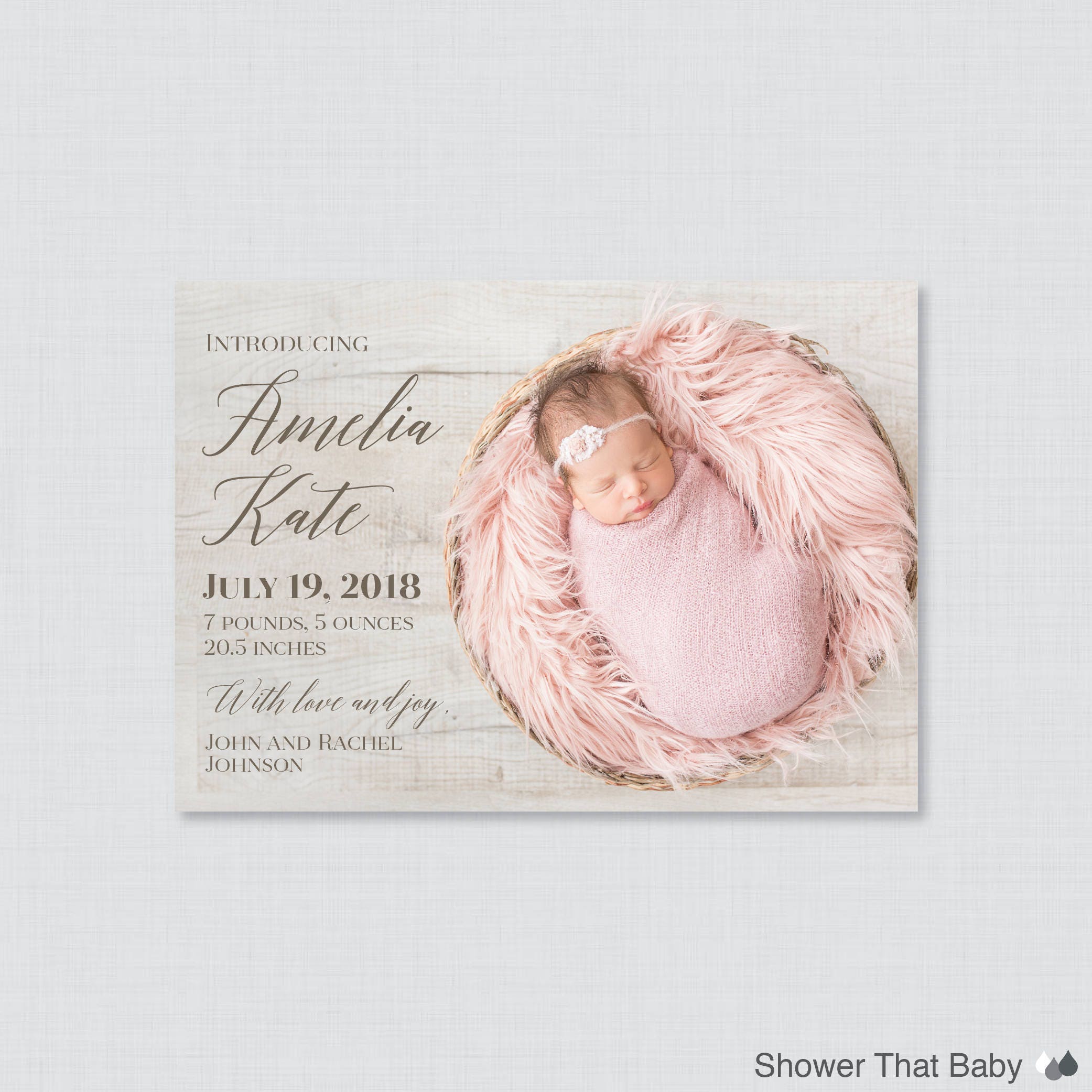 Printable Or Printed Birth Announcement Cards - Photo Announcements, Custom Horizontal/Landscape Ba09