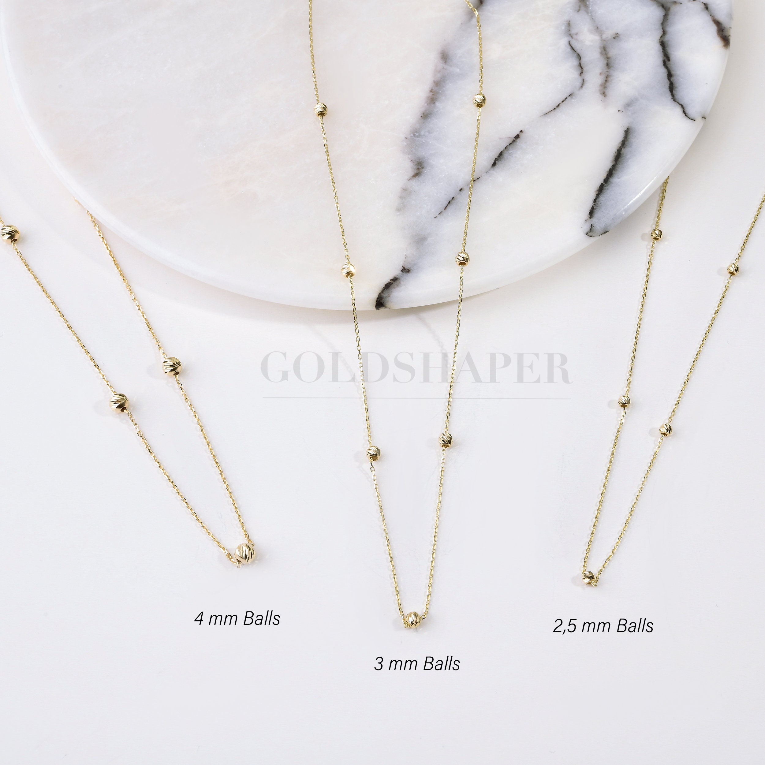 14K Ball Dorica Bead Necklace, 4mm 3mm 2.5mm Dainty Gold Balls Necklace. Diamond Cut Textured, High Shine, Quality Gold