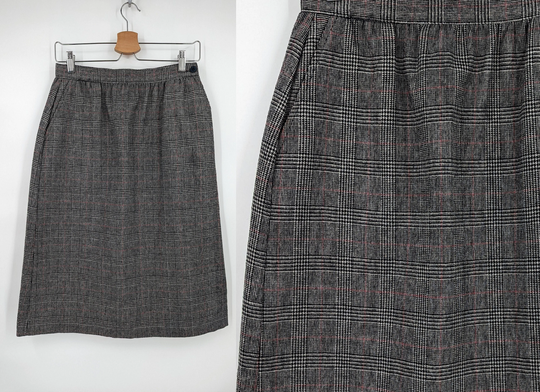 Vintage 80S Oscar De La Renta Xs Wool Blend Plaid Straight Knee Length Skirt