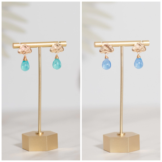 Rainy Cloud Earrings, Turquoise Or Blue, Gold Plated, Glass Bead
