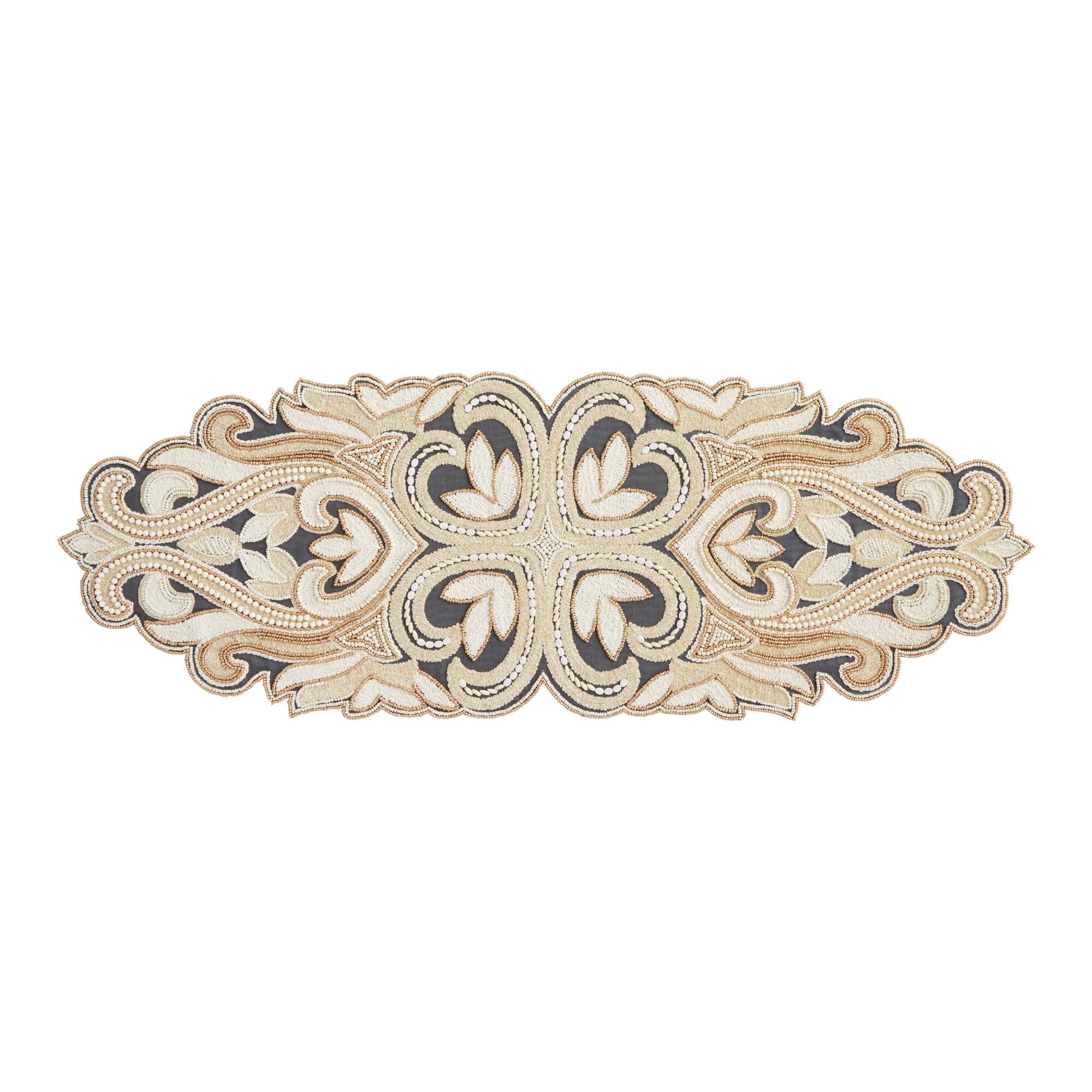 Pier Place Ivory and Charcoal Metallic Beaded Table Runner: Multi - Cotton by World Market