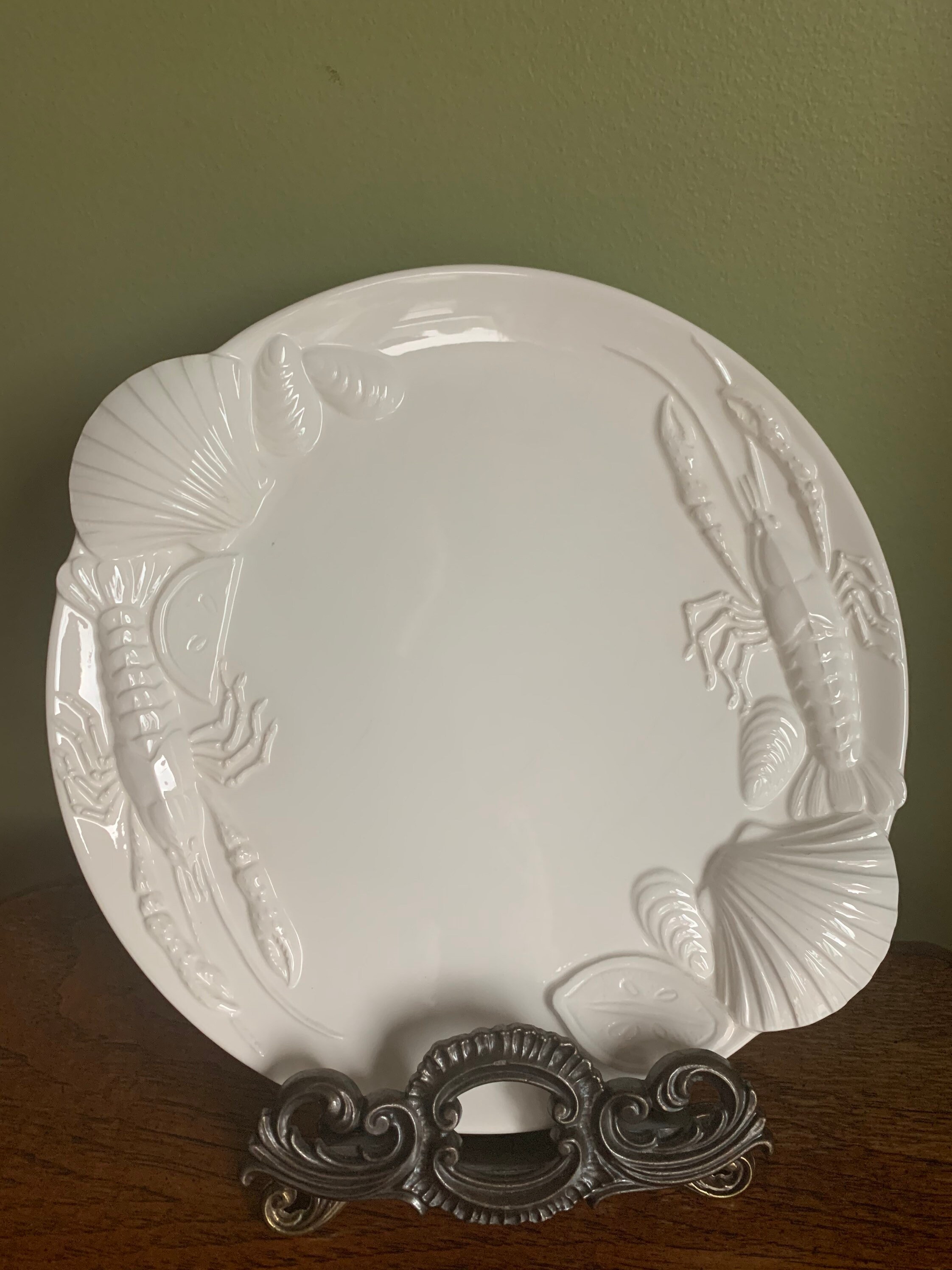 Vintage Molded White Ceramic Lobster Platter/ Porcelain Crawfish Seafood Plate