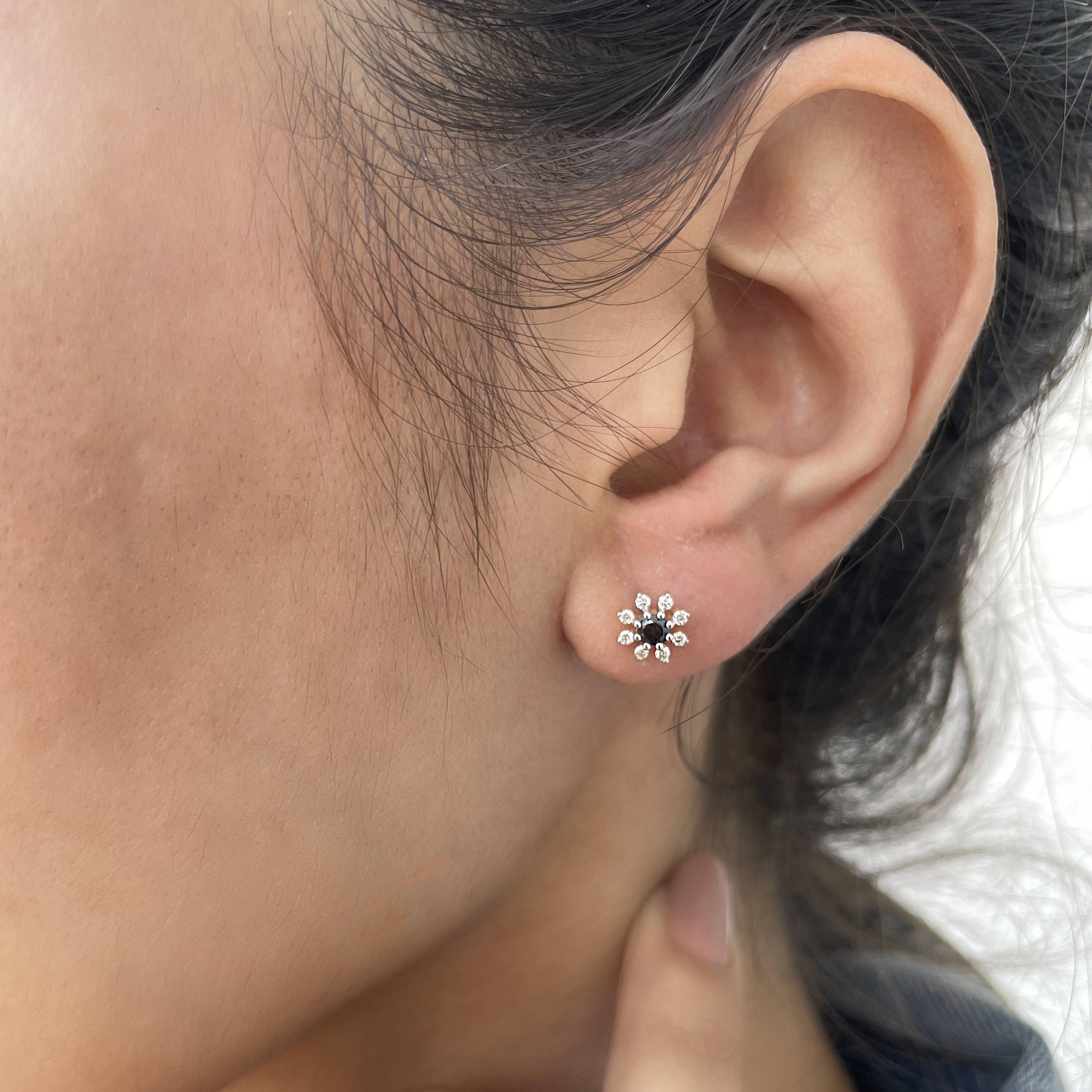 1/2 Ct Black & White Diamond Earrings, Flower Stud Floral Jewelry
