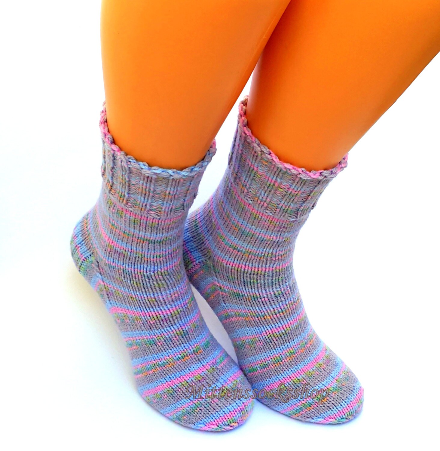 Hand Knit Socks Blue Pink Green Gray Women's Striped Girl's Men's Winter Warm
