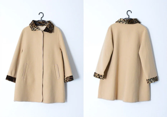 Vintage 80S Beige Leopard Print Wool Blend Lightweight Womens Coat Size L