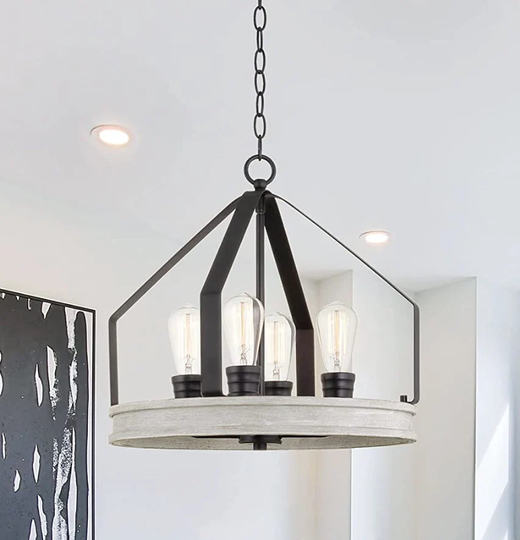 Industrial 4-Light Chandelier Light, Farmhouse Pendant Kitchen Island Dining Room Hanging Birch Wood