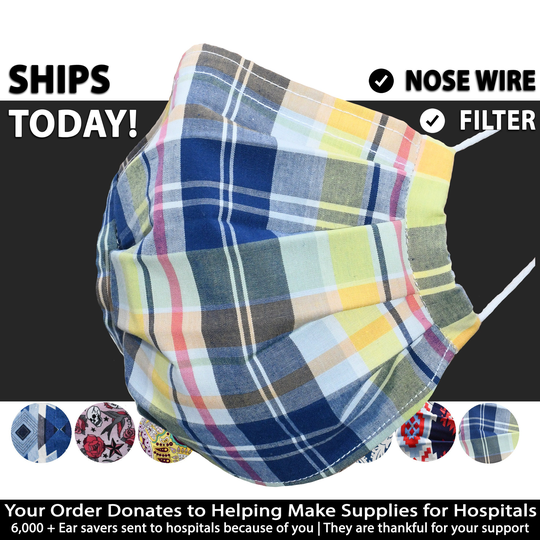 Pleated Face Mask With Nose Wire & Filter Pocket Breathable Plaid 3 Layers High Quality Soft Cotton Washable Facemask Mens | Usa