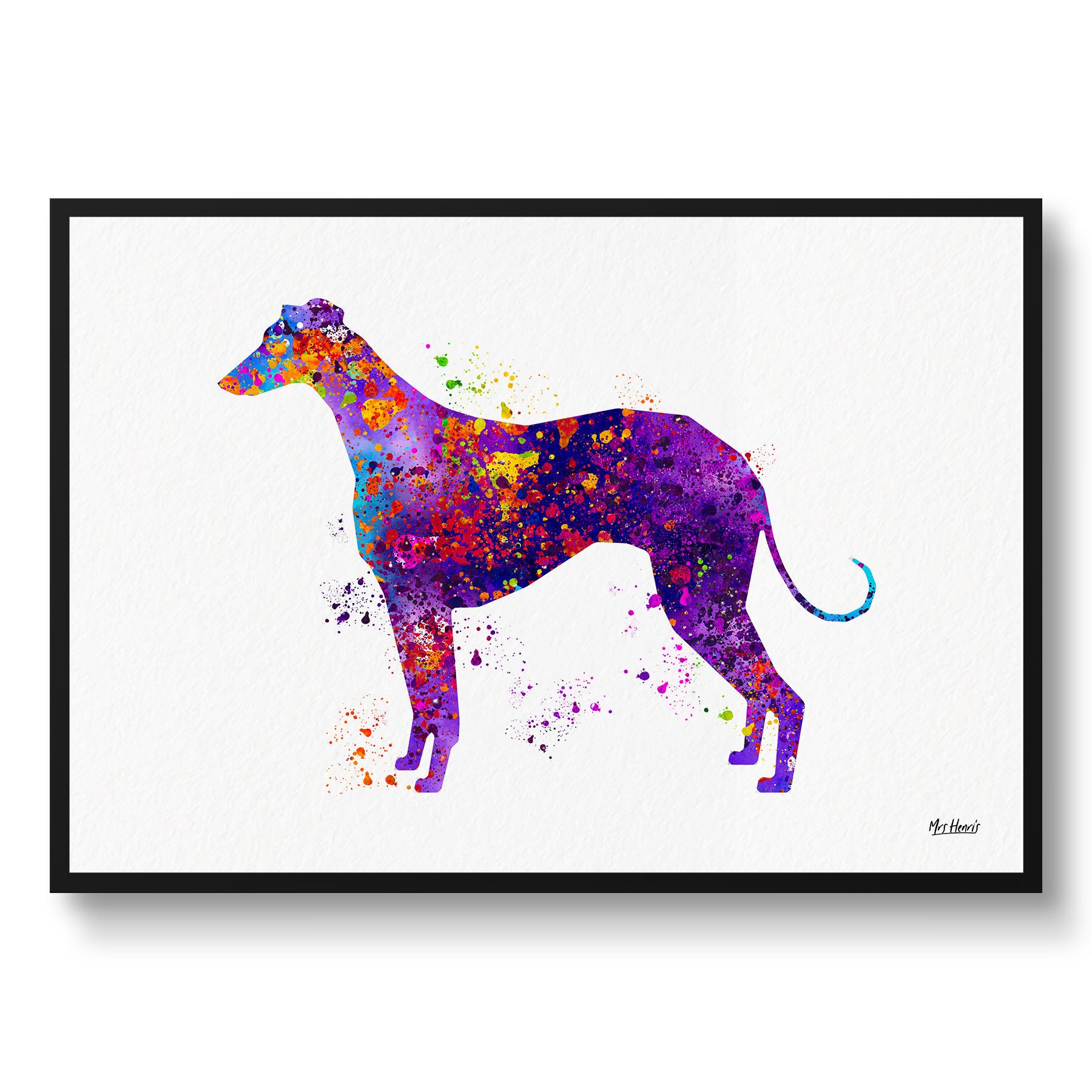 Greyhound Watercolour Dog Print - Splash Veterinary Decor Gift Illustration Framed & Unframed Wall Art For Lovers & Vets
