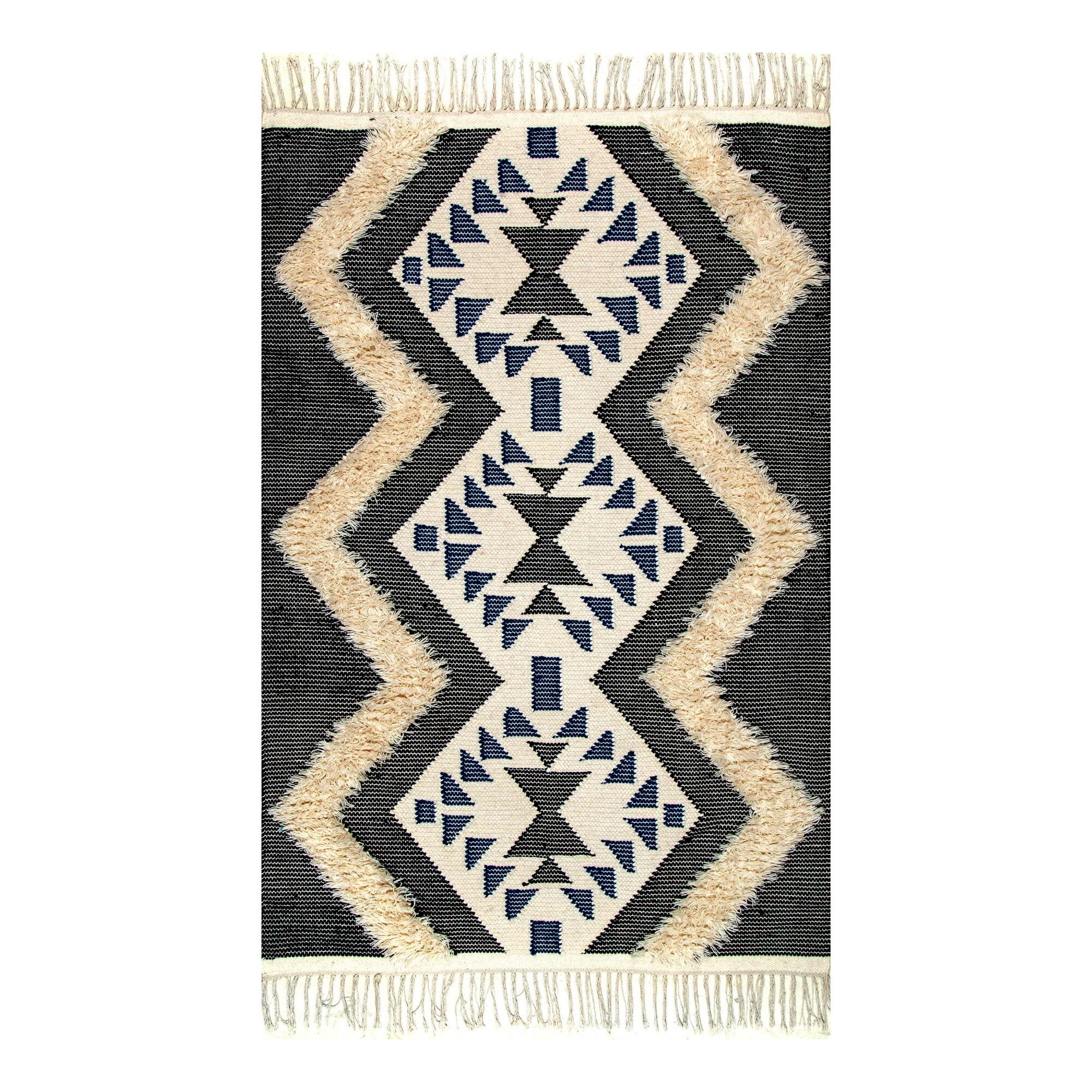 Ivory, Black and Blue Geometric Wool Jenny Area Rug by World Market
