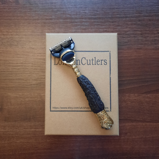 Fusion Razor Horn Grip With Gold Plated Trim, Upcycled Antique Cutlery, Stylish Vintage Wet Shaving, Golden By Londoncutlers