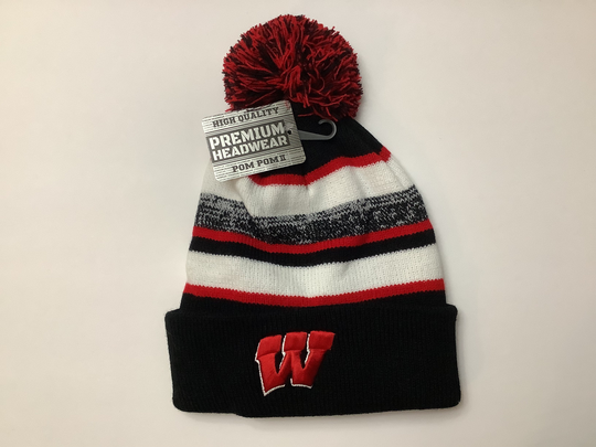 Wisconsin Badgers Embroidered | W Logo Multi Color Black, Red & White Tassel Fleece Lined Hat