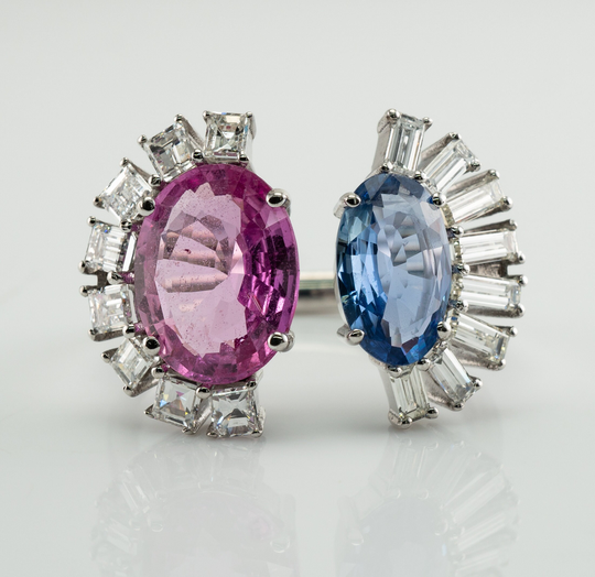 Diamond Blue Pink Sapphire Ring, 18K Gold Half Moon Setting