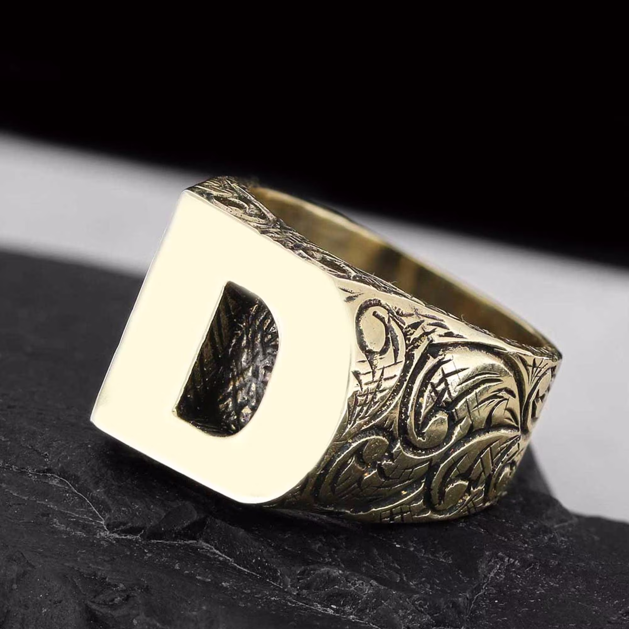 Bold Letter Ring, Monogram Gold Coated Initial Silver D Alphabet Jewelry, A-Z Engraved