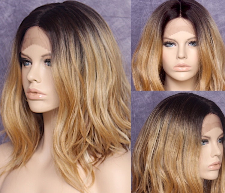 L Human Hair Blend Lace Front Natural Full Wig With Center Lace Parting Beautiful Beachy Loose Wavy Soft Texture Blonde Mix Dark Roots