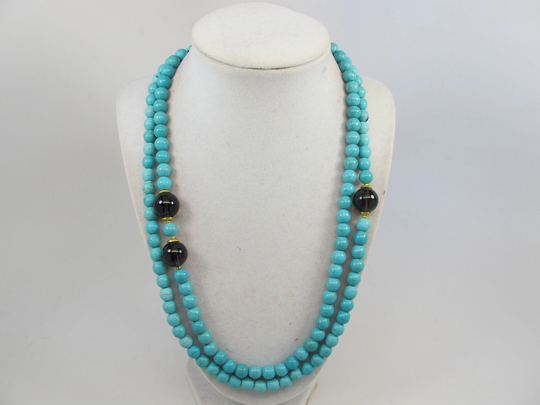 Chunky Statement Turquoise Necklace, Multi Strand Big Stone Beads, Smoky Topaz & Turquoise, Brown Necklace