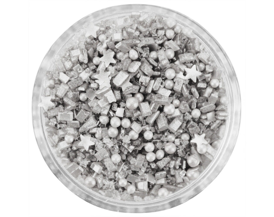 Silver Disco Sugar Blend - A Mix Of Silver Non-Pareils, Glitter Stars & Squares, Chunky Sanding Sugar