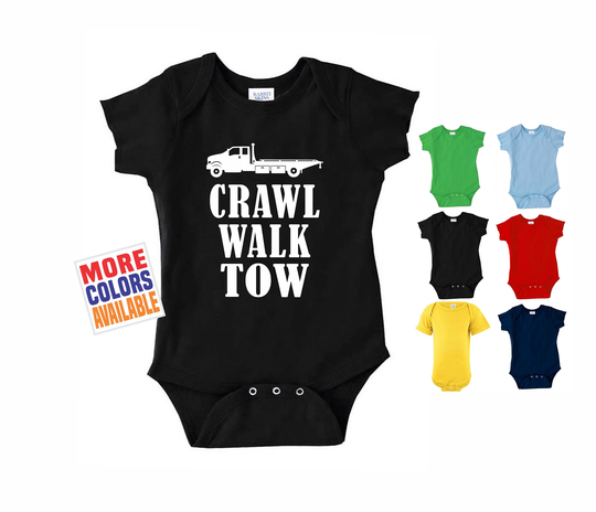 Crawl Walk Tow Baby Onesies ® One Piece Shirt Bodysuit Creeper Funny Shower Gift Towing Truck Driver Daddy Dad Father Wrecker Flatbed