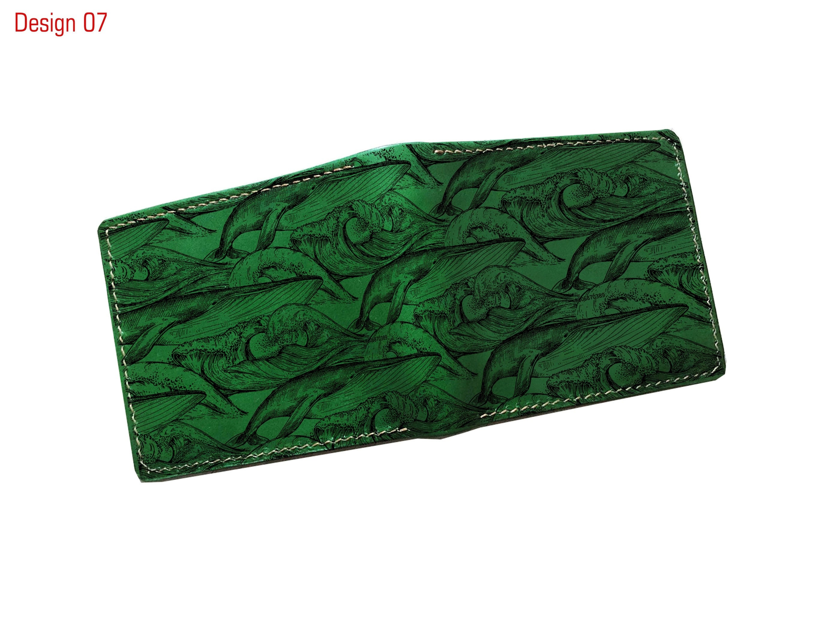 Leather Handmade Whales Pattern Men's Wallet, Vegtan Leather Wallet For Him, Gift Men, Ocean Animal Drawing Engraved Birthday Present