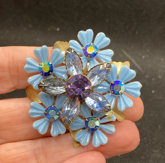 Vintage Enamel Rhinestone Flower Pin Large Statement Piece Mod Hippie